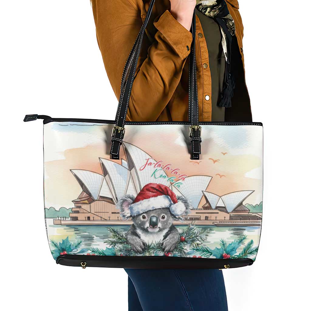 Australia Christmas Leather Tote Bag Koala Santa Sydney Opera House Watercolor - Aussie Hoodie