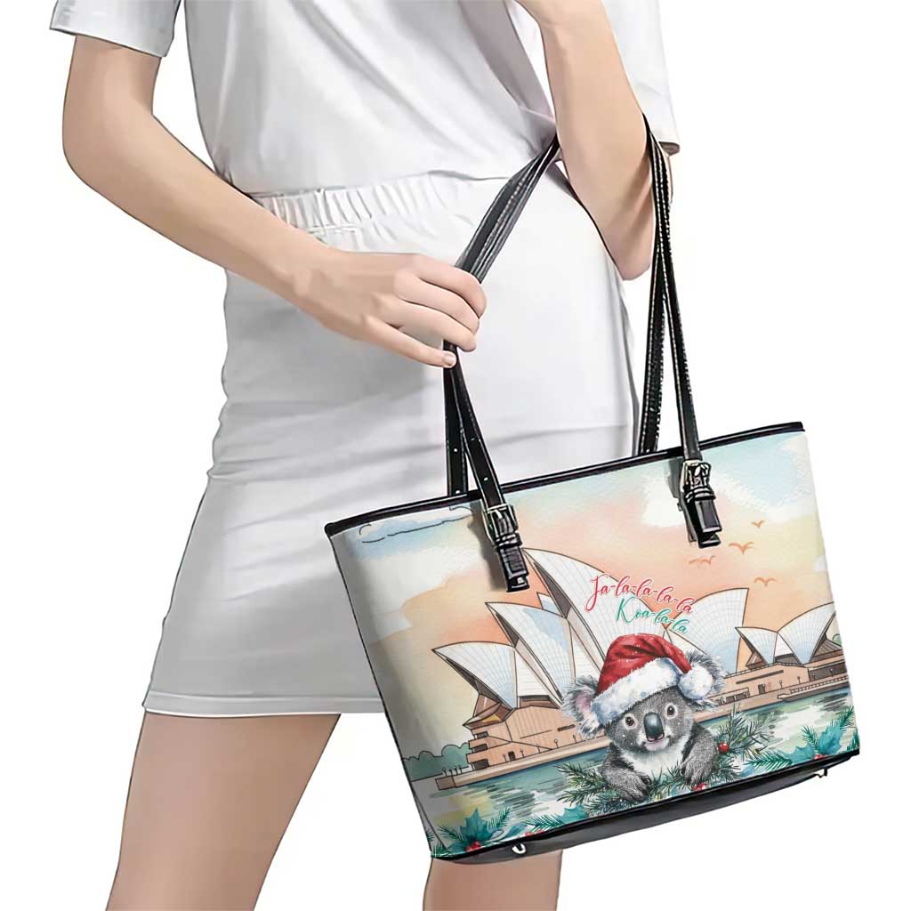 Australia Christmas Leather Tote Bag Koala Santa Sydney Opera House Watercolor - Aussie Hoodie