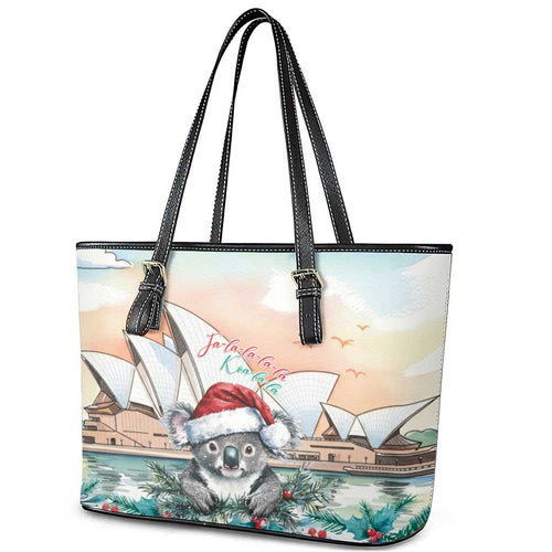 Australia Christmas Leather Tote Bag Koala Santa Sydney Opera House Watercolor - Aussie Hoodie