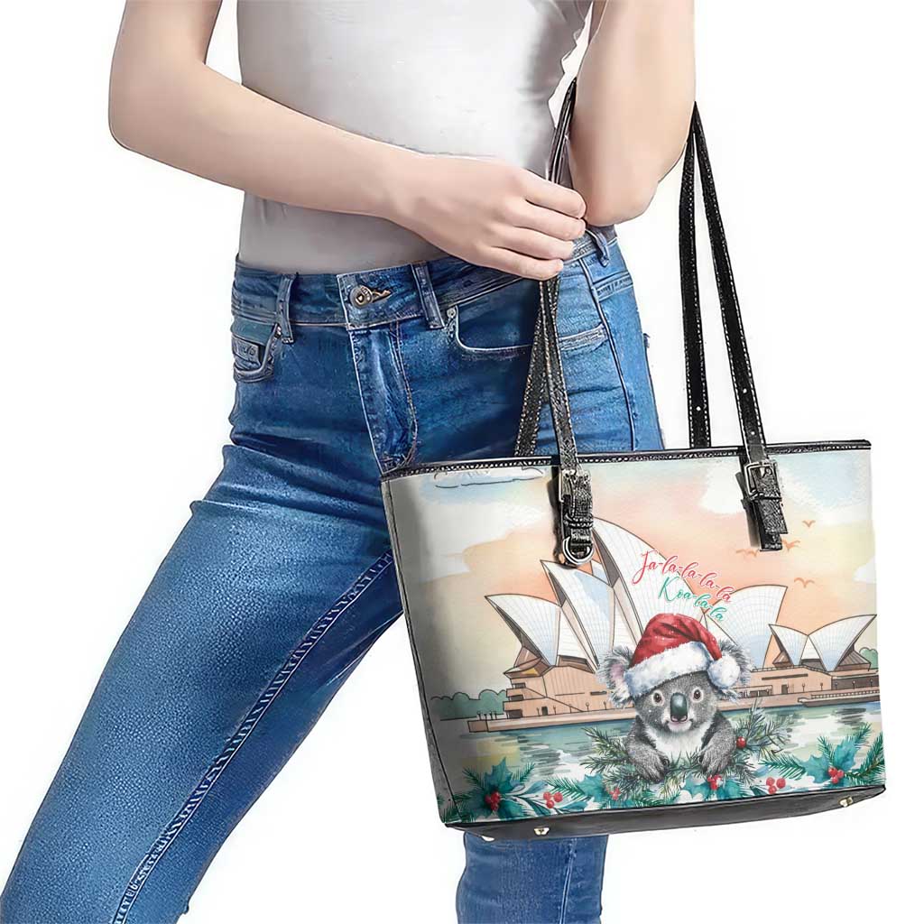 Australia Christmas Leather Tote Bag Koala Santa Sydney Opera House Watercolor - Aussie Hoodie