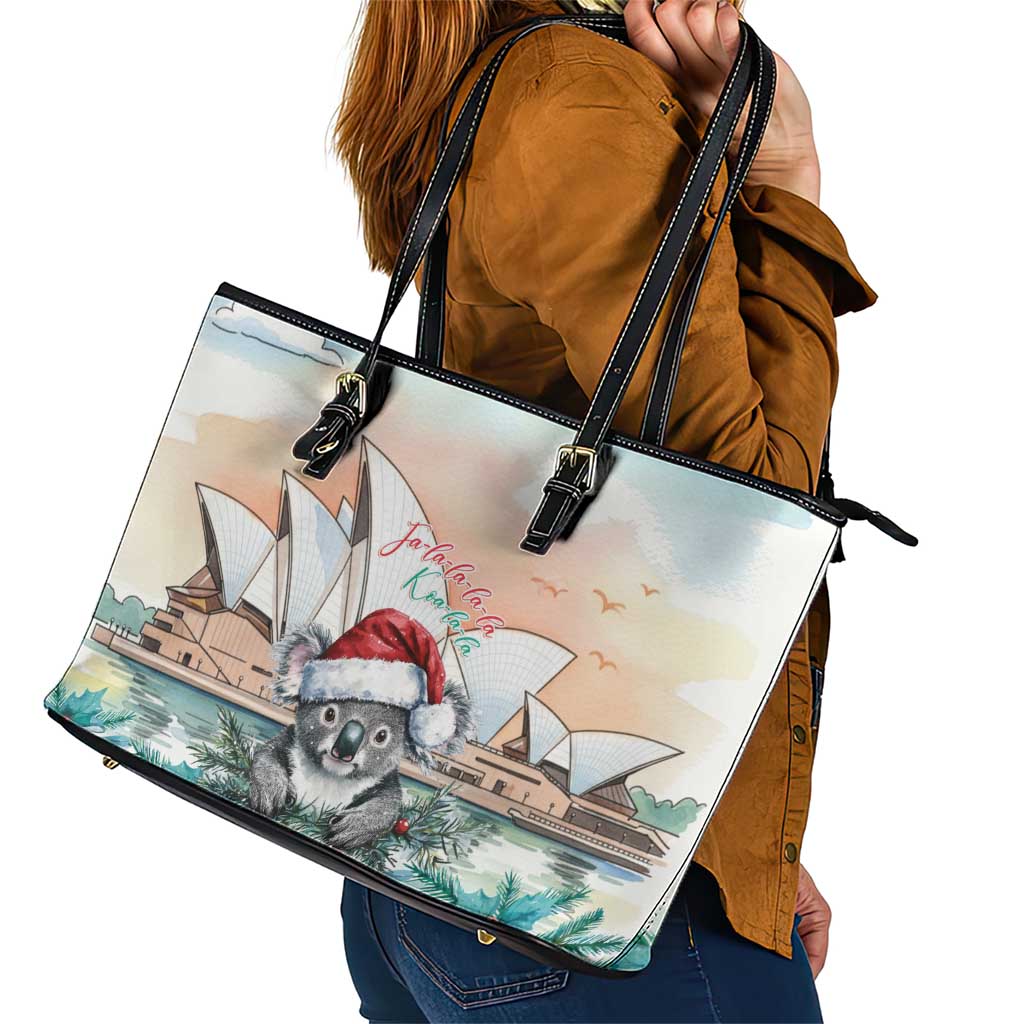Australia Christmas Leather Tote Bag Koala Santa Sydney Opera House Watercolor - Aussie Hoodie