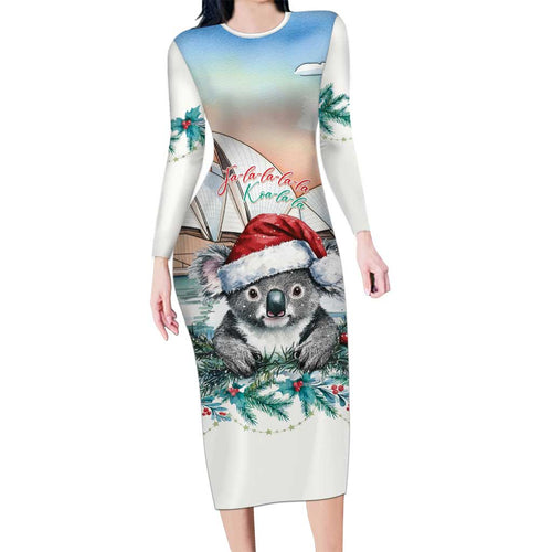 Australia Christmas Long Sleeve Bodycon Dress Koala Santa Sydney Opera House Watercolor - Aussie Hoodie