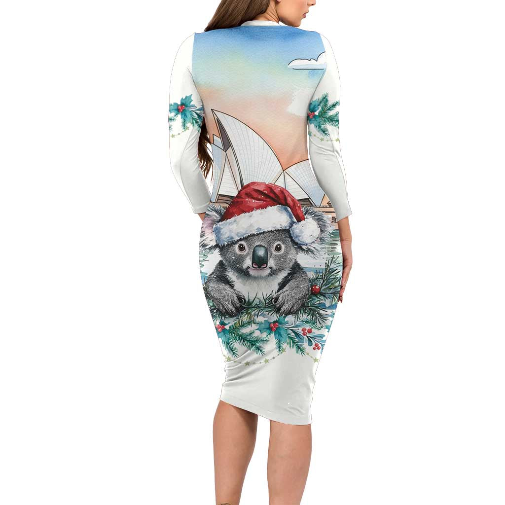 Australia Christmas Long Sleeve Bodycon Dress Koala Santa Sydney Opera House Watercolor - Aussie Hoodie