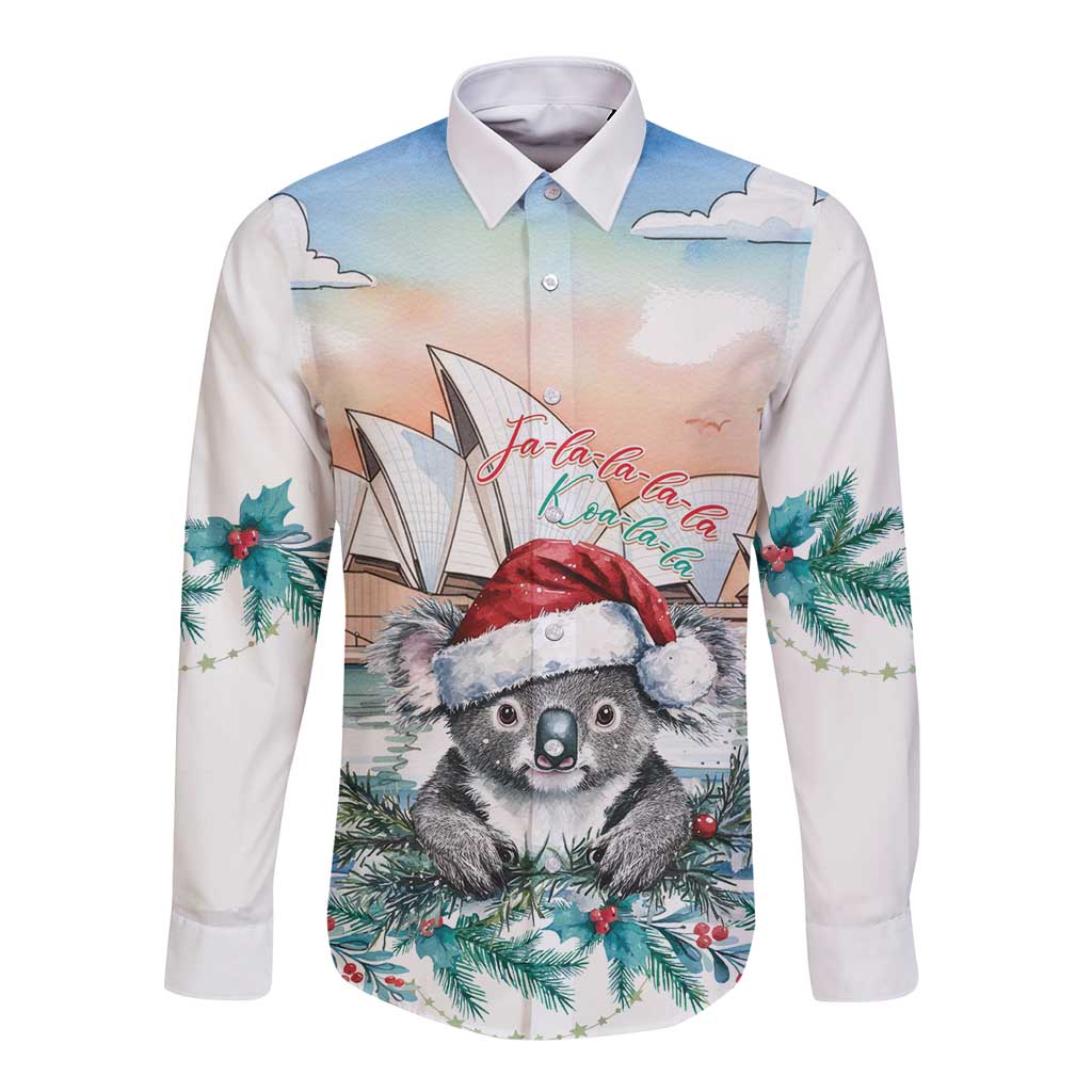 Australia Christmas Long Sleeve Button Shirt Koala Santa Sydney Opera House Watercolor - Aussie Hoodie