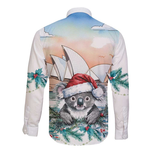 Australia Christmas Long Sleeve Button Shirt Koala Santa Sydney Opera House Watercolor - Aussie Hoodie