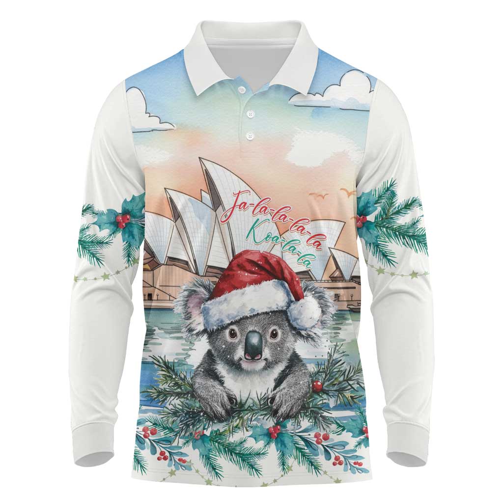 Australia Christmas Long Sleeve Polo Shirt Koala Santa Sydney Opera House Watercolor - Aussie Hoodie