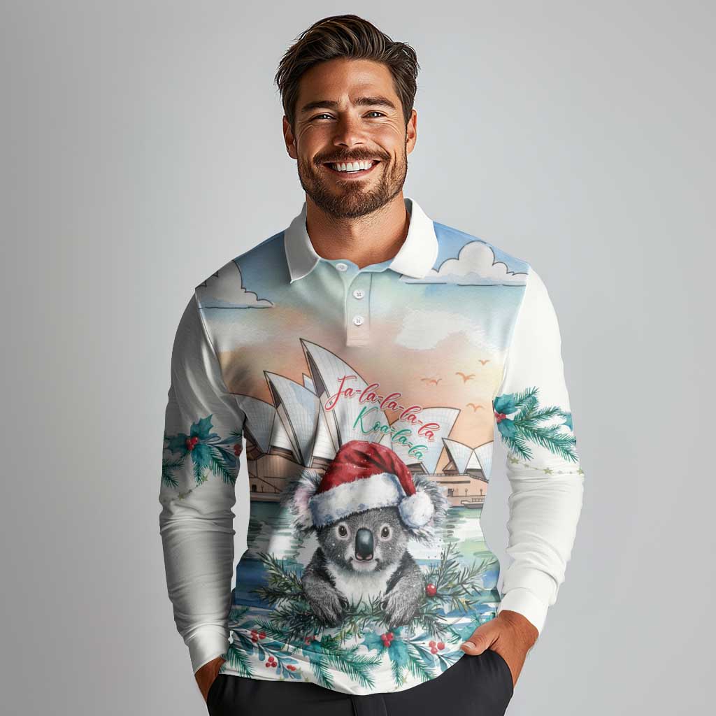 Australia Christmas Long Sleeve Polo Shirt Koala Santa Sydney Opera House Watercolor - Aussie Hoodie