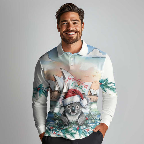 Australia Christmas Long Sleeve Polo Shirt Koala Santa Sydney Opera House Watercolor - Aussie Hoodie