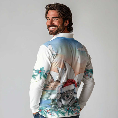Australia Christmas Long Sleeve Polo Shirt Koala Santa Sydney Opera House Watercolor - Aussie Hoodie