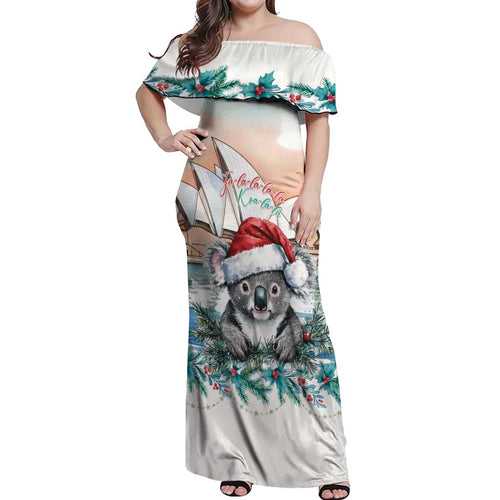 Australia Christmas Off Shoulder Maxi Dress Koala Santa Sydney Opera House Watercolor - Aussie Hoodie