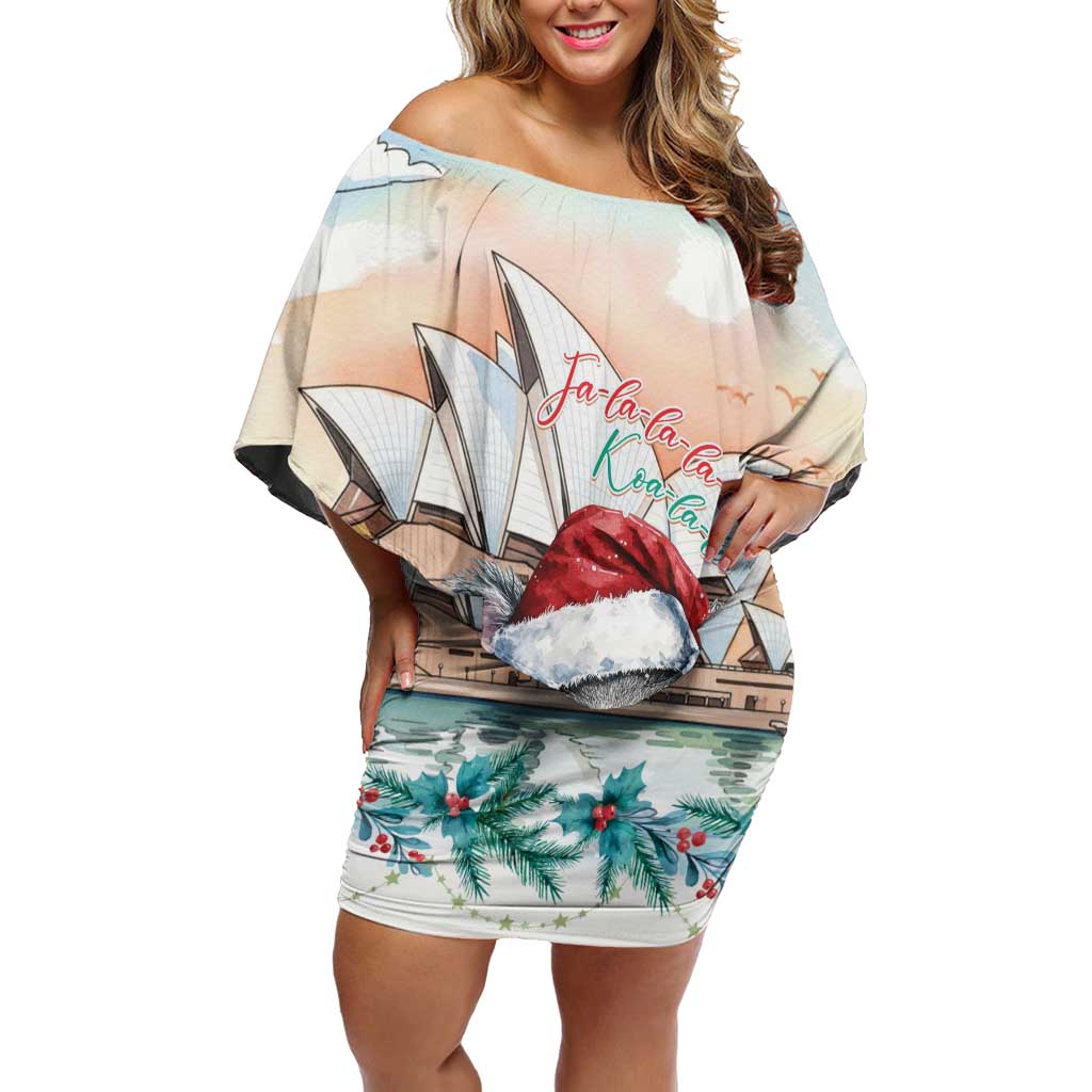 Australia Christmas Off Shoulder Short Dress Koala Santa Sydney Opera House Watercolor - Aussie Hoodie