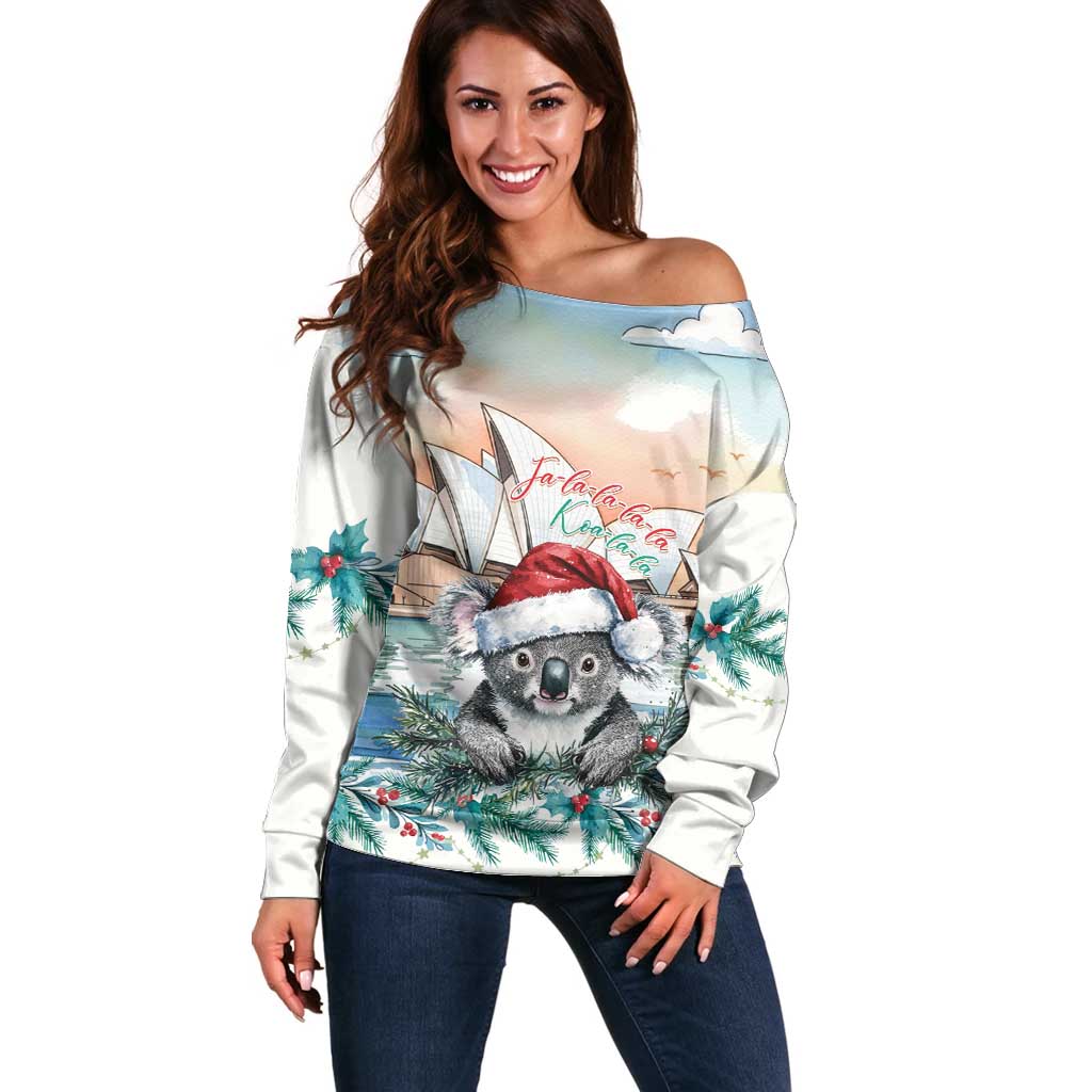 Australia Christmas Off Shoulder Sweater Koala Santa Sydney Opera House Watercolor - Aussie Hoodie