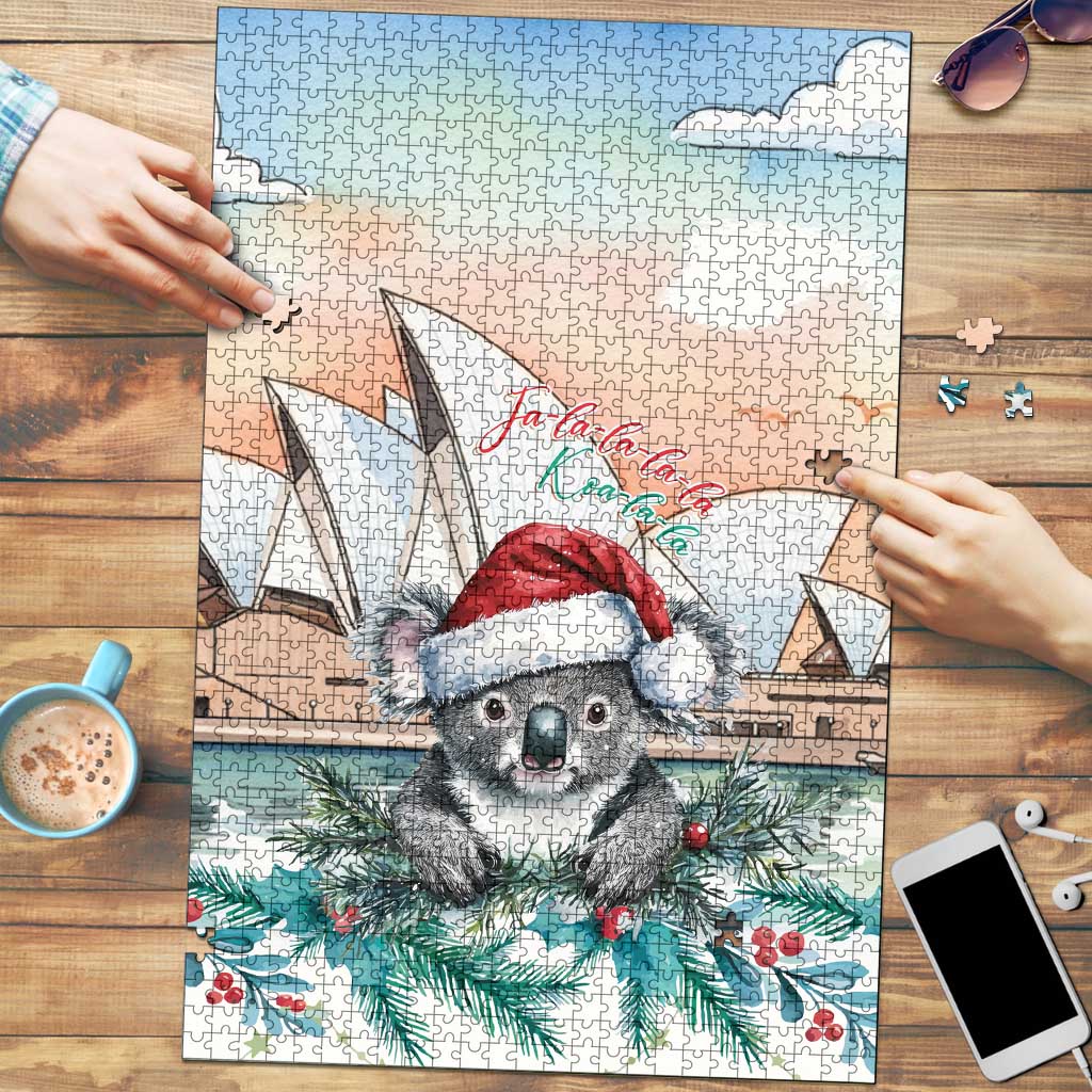 Australia Christmas Puzzle Koala Santa Sydney Opera House Watercolor - Aussie Hoodie