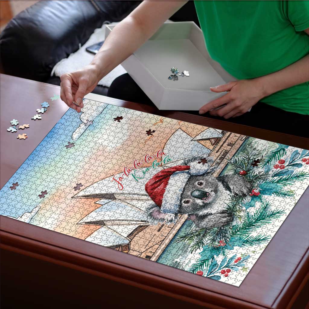 Australia Christmas Puzzle Koala Santa Sydney Opera House Watercolor - Aussie Hoodie