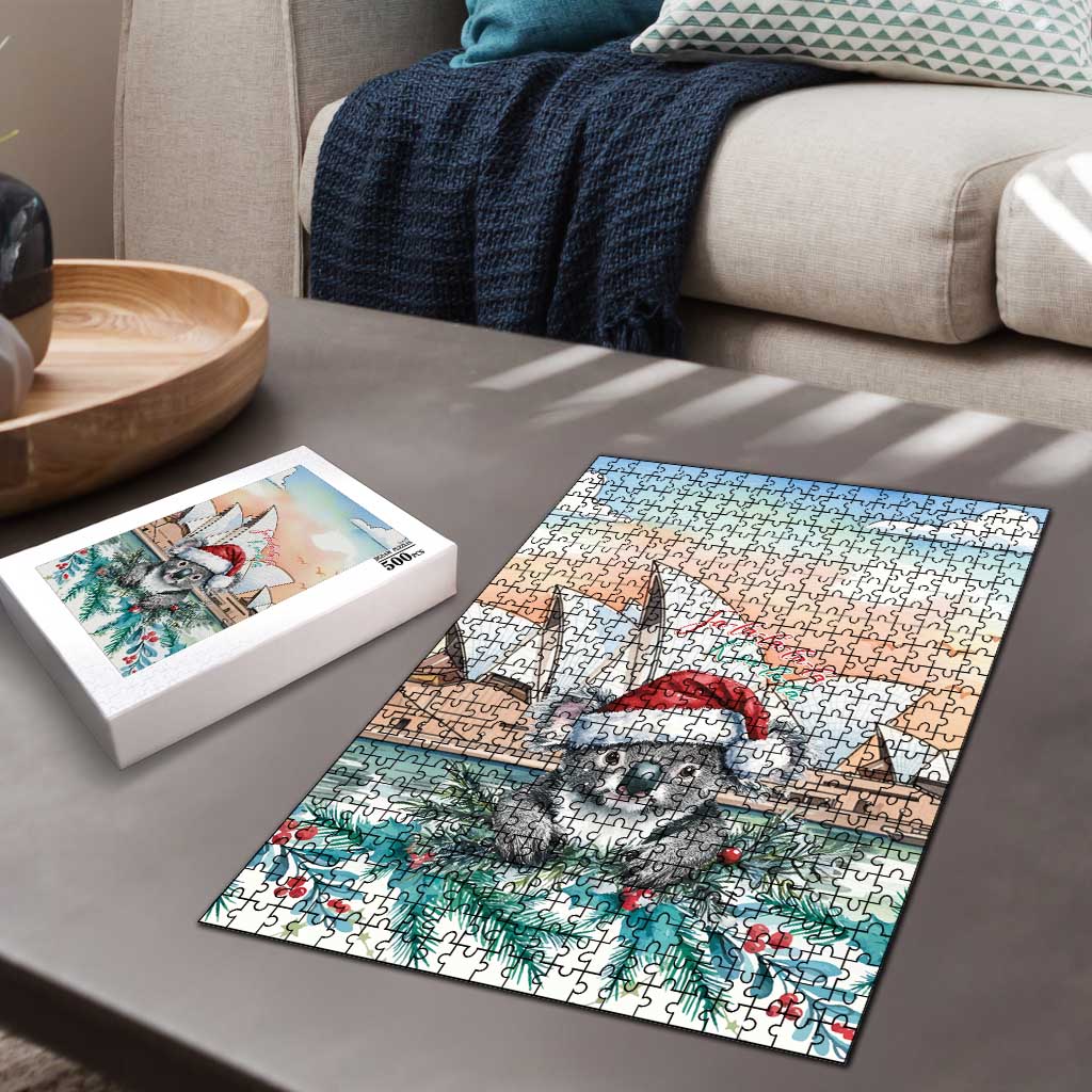 Australia Christmas Puzzle Koala Santa Sydney Opera House Watercolor - Aussie Hoodie