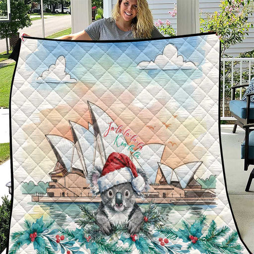 Australia Christmas Quilt Koala Santa Sydney Opera House Watercolor - Aussie Hoodie