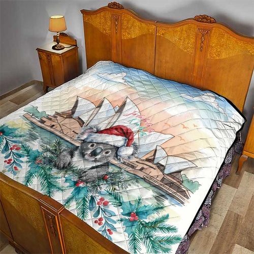 Australia Christmas Quilt Koala Santa Sydney Opera House Watercolor - Aussie Hoodie