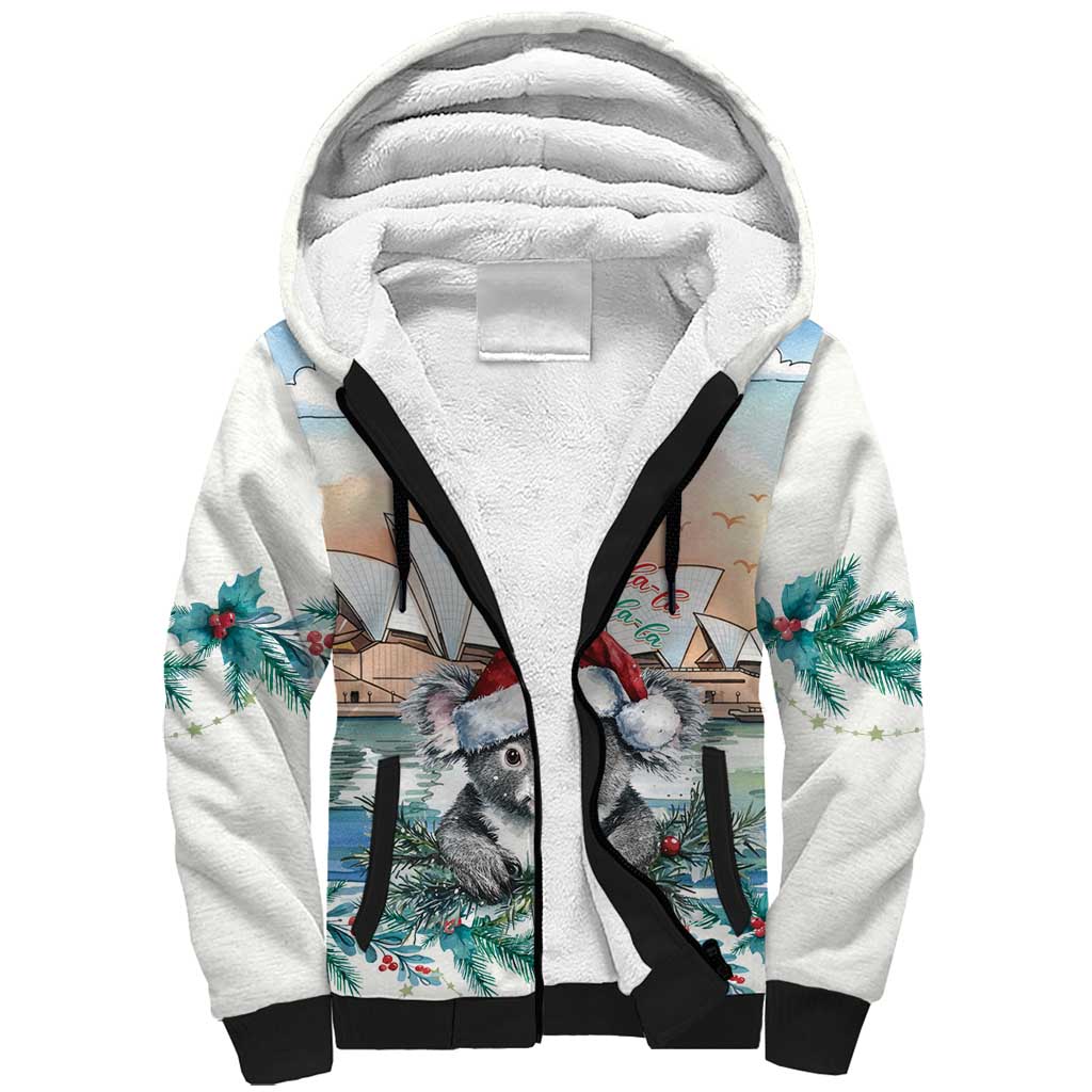 Australia Christmas Sherpa Hoodie Koala Santa Sydney Opera House Watercolor - Aussie Hoodie