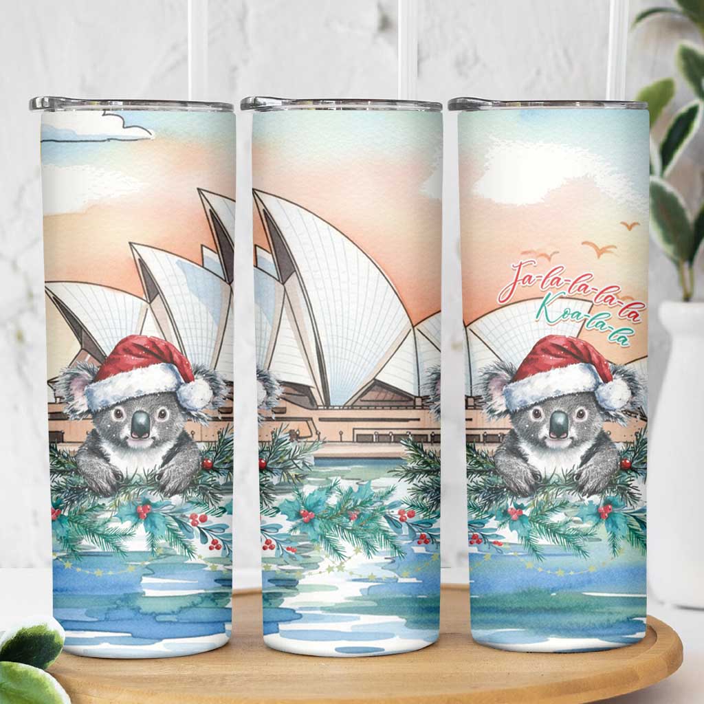 Australia Christmas Skinny Tumbler Koala Santa Sydney Opera House Watercolor - Aussie Hoodie