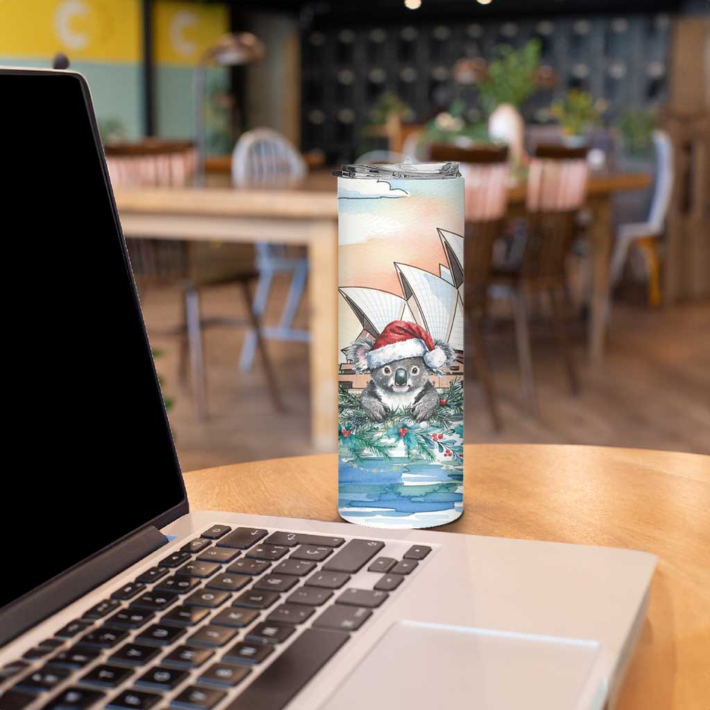 Australia Christmas Skinny Tumbler Koala Santa Sydney Opera House Watercolor - Aussie Hoodie