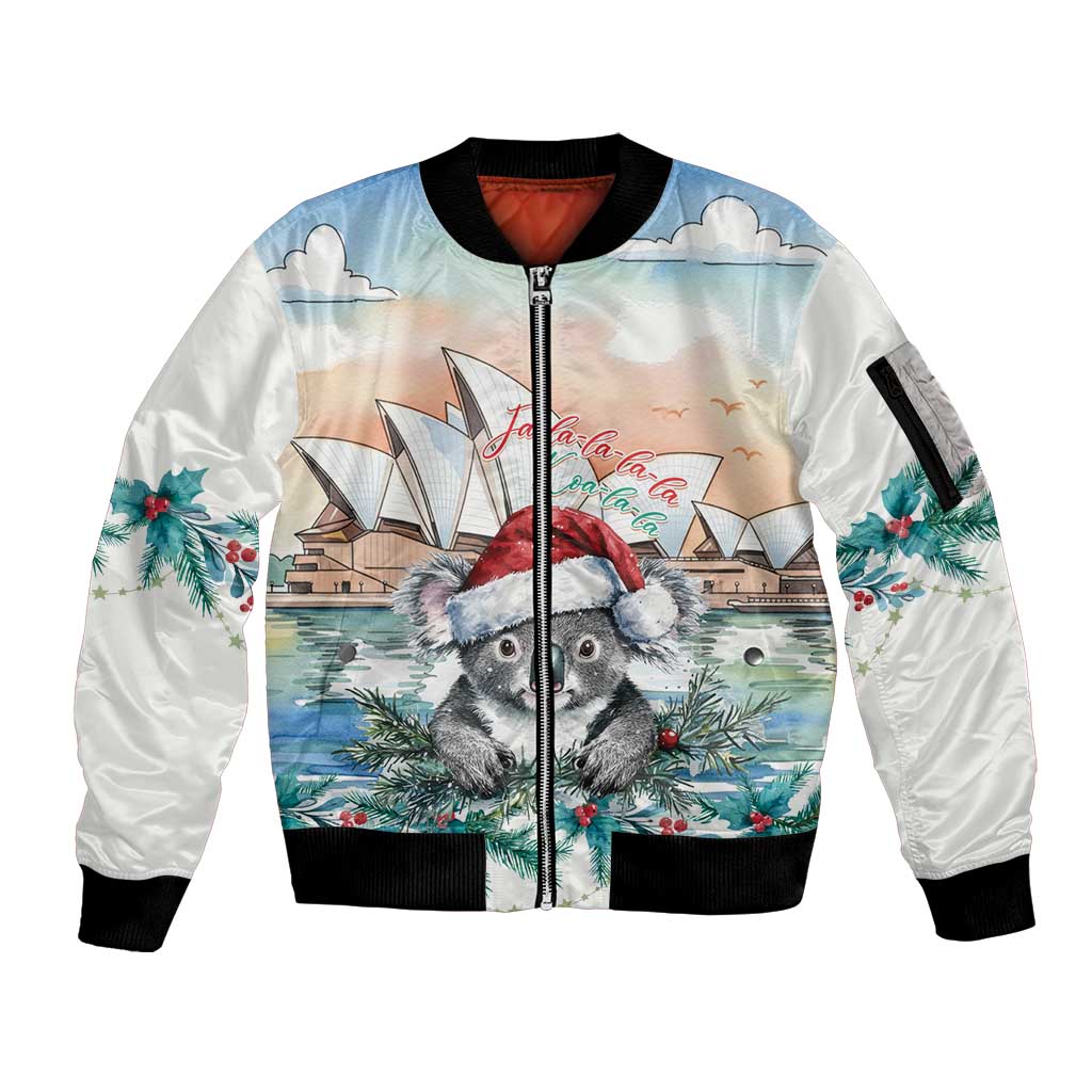 Australia Christmas Sleeve Zip Bomber Jacket Koala Santa Sydney Opera House Watercolor - Aussie Hoodie