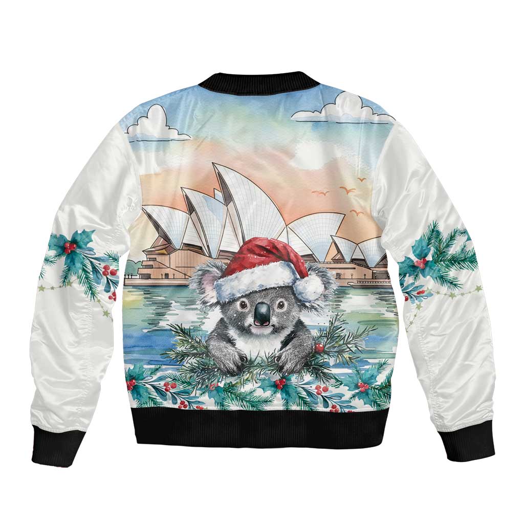 Australia Christmas Sleeve Zip Bomber Jacket Koala Santa Sydney Opera House Watercolor - Aussie Hoodie