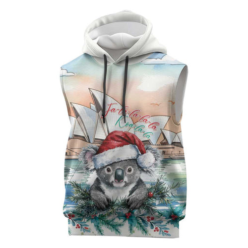 Australia Christmas Sleeveless Hoodie Koala Santa Sydney Opera House Watercolor - Aussie Hoodie