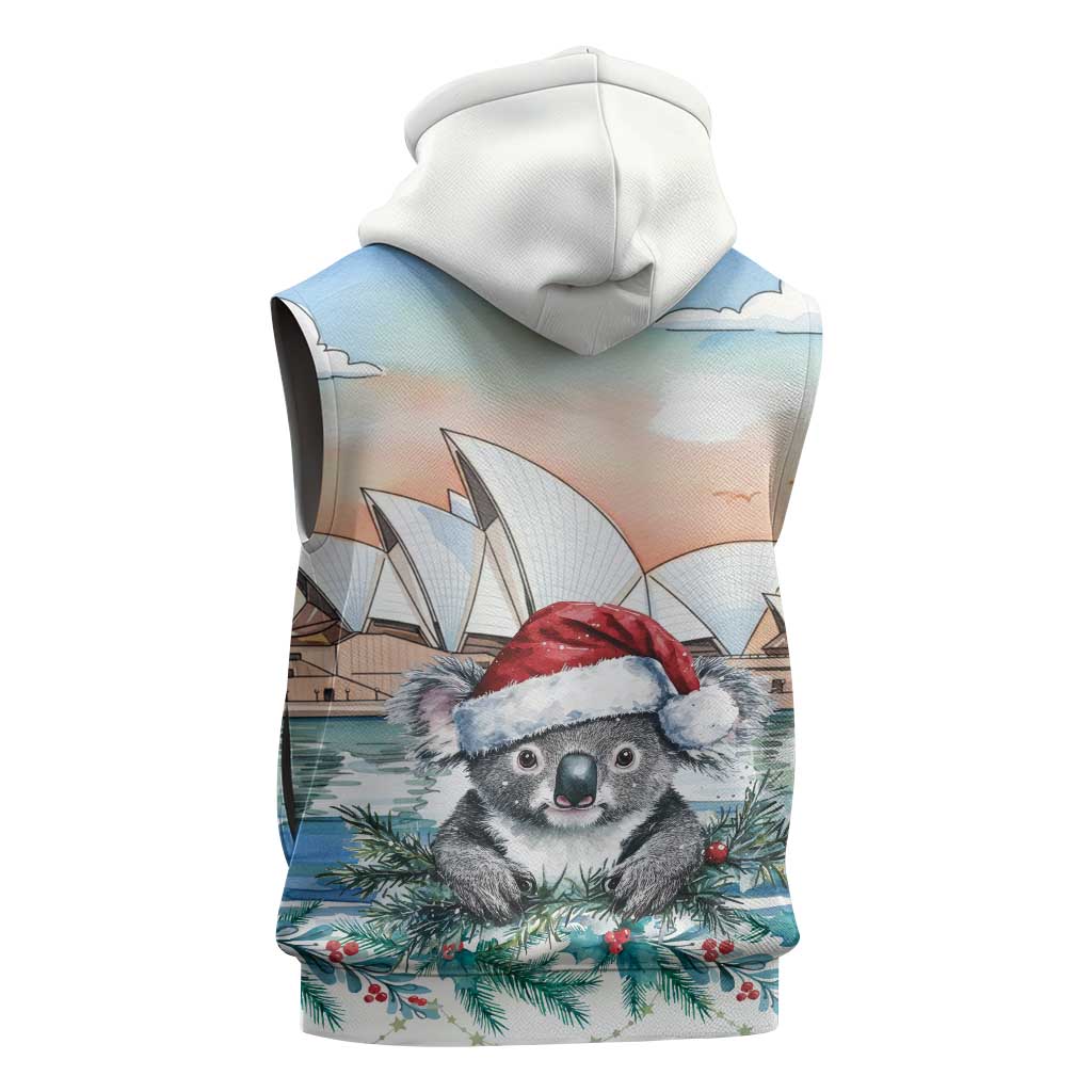 Australia Christmas Sleeveless Hoodie Koala Santa Sydney Opera House Watercolor - Aussie Hoodie