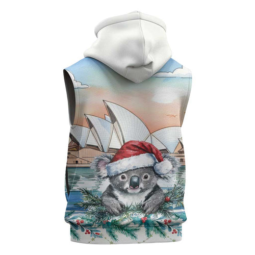 Australia Christmas Sleeveless Hoodie Koala Santa Sydney Opera House Watercolor - Aussie Hoodie