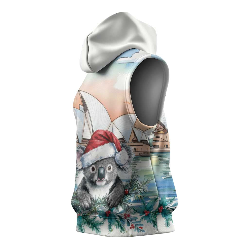 Australia Christmas Sleeveless Hoodie Koala Santa Sydney Opera House Watercolor - Aussie Hoodie
