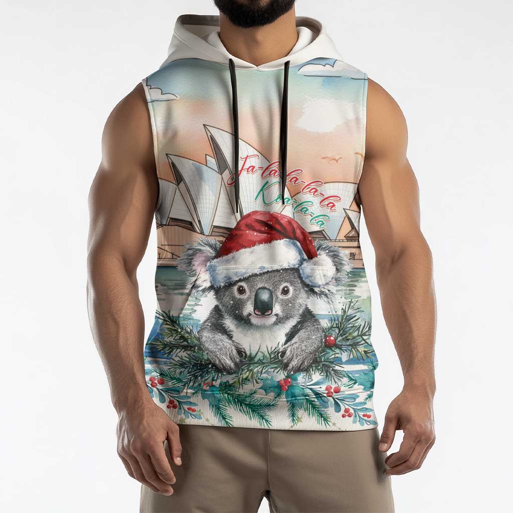 Australia Christmas Sleeveless Hoodie Koala Santa Sydney Opera House Watercolor - Aussie Hoodie