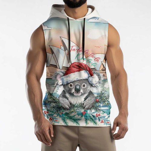 Australia Christmas Sleeveless Hoodie Koala Santa Sydney Opera House Watercolor - Aussie Hoodie