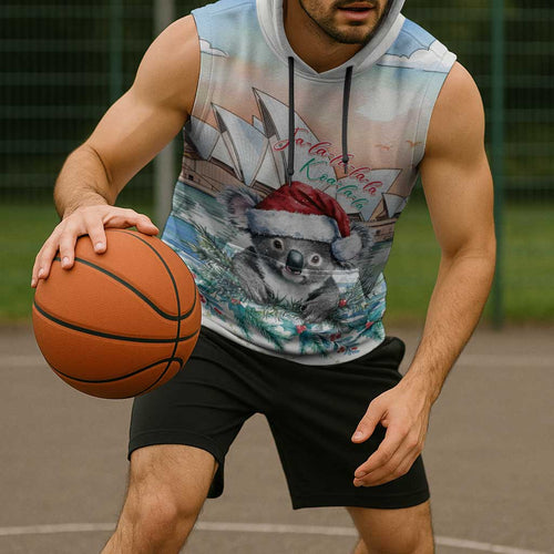 Australia Christmas Sleeveless Hoodie Koala Santa Sydney Opera House Watercolor - Aussie Hoodie