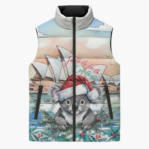 Australia Christmas Sleeveless Puffer Jacket Koala Santa Sydney Opera House Watercolor - Aussie Hoodie