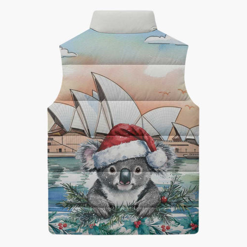 Australia Christmas Sleeveless Puffer Jacket Koala Santa Sydney Opera House Watercolor - Aussie Hoodie