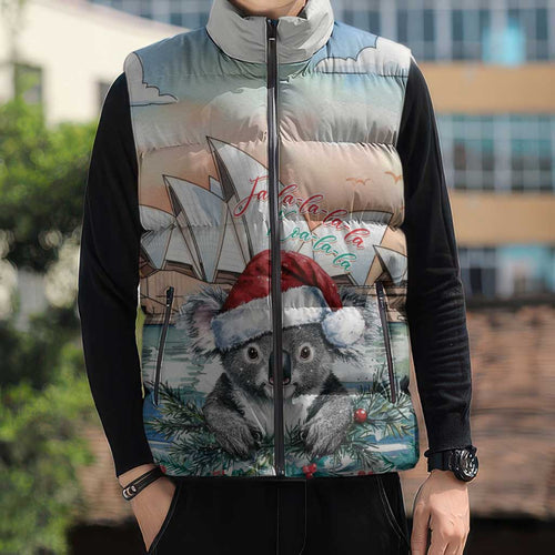Australia Christmas Sleeveless Puffer Jacket Koala Santa Sydney Opera House Watercolor - Aussie Hoodie