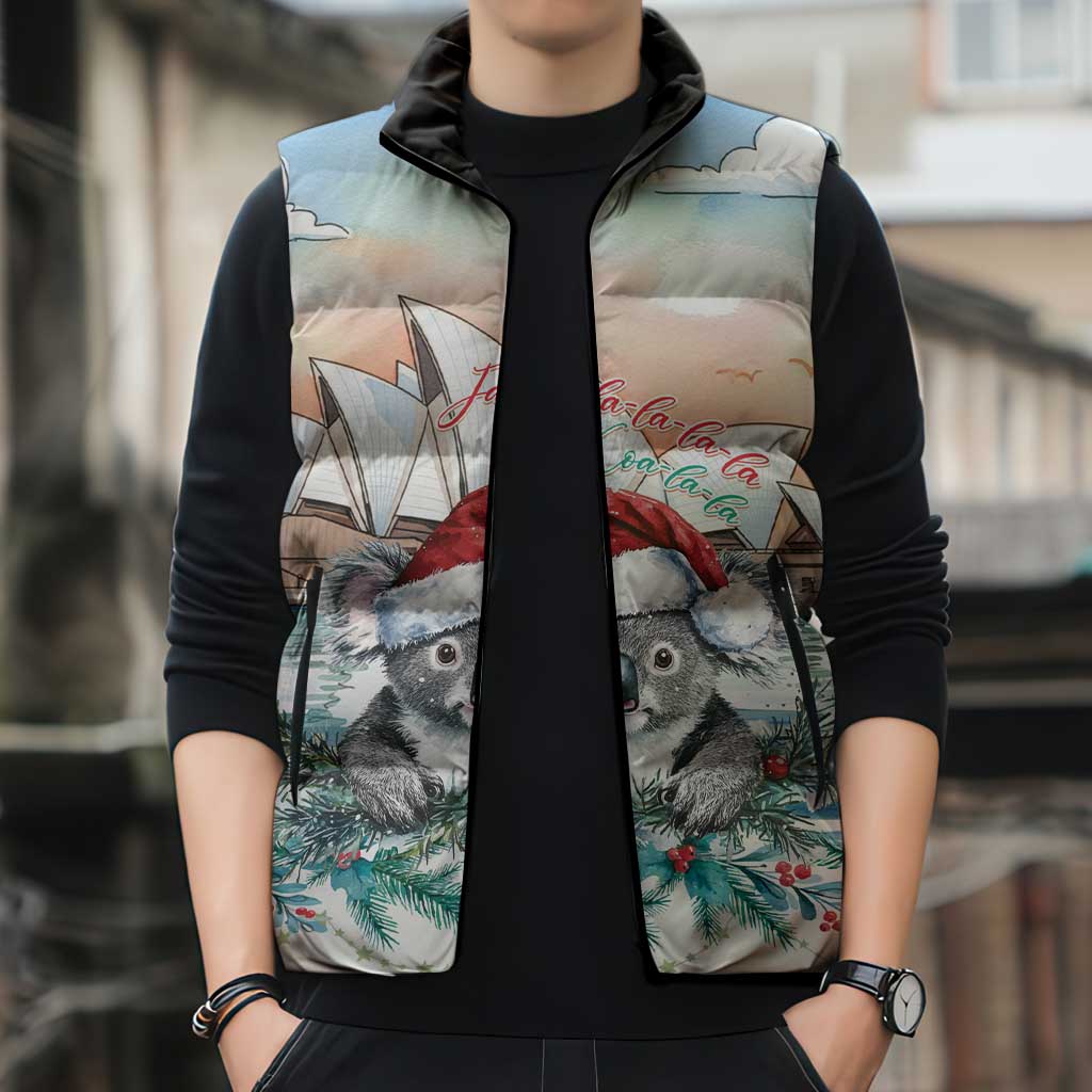Australia Christmas Sleeveless Puffer Jacket Koala Santa Sydney Opera House Watercolor - Aussie Hoodie