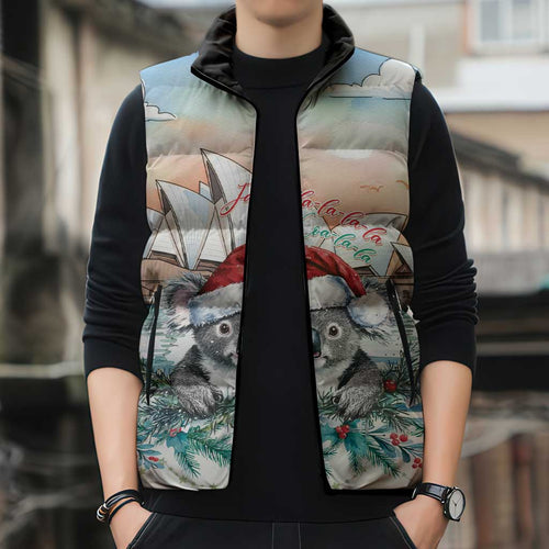 Australia Christmas Sleeveless Puffer Jacket Koala Santa Sydney Opera House Watercolor - Aussie Hoodie