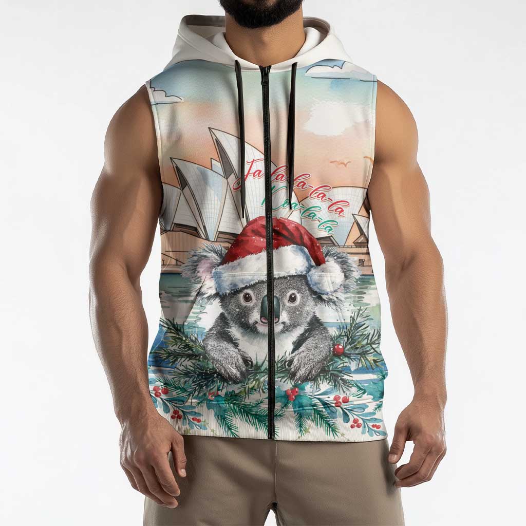 Australia Christmas Sleeveless Zip Hoodie Koala Santa Sydney Opera House Watercolor LT14