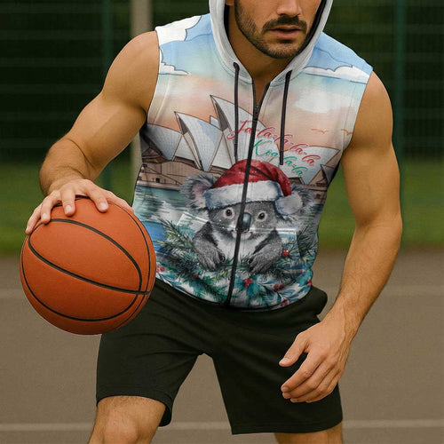 Australia Christmas Sleeveless Zip Hoodie Koala Santa Sydney Opera House Watercolor LT14