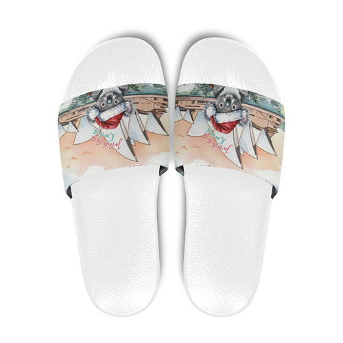 Australia Christmas Slide Sandals Koala Santa Sydney Opera House Watercolor - Aussie Hoodie