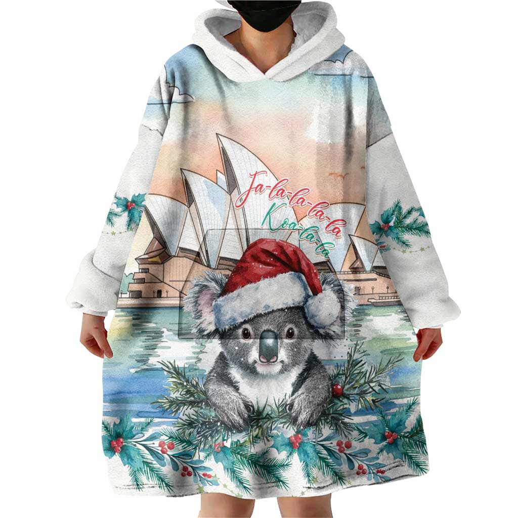 Australia Christmas Wearable Blanket Hoodie Koala Santa Sydney Opera House Watercolor - Aussie Hoodie