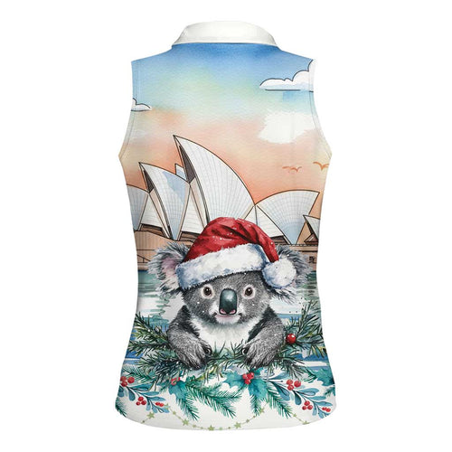 Australia Christmas Women Sleeveless Polo Shirt Koala Santa Sydney Opera House Watercolor - Aussie Hoodie