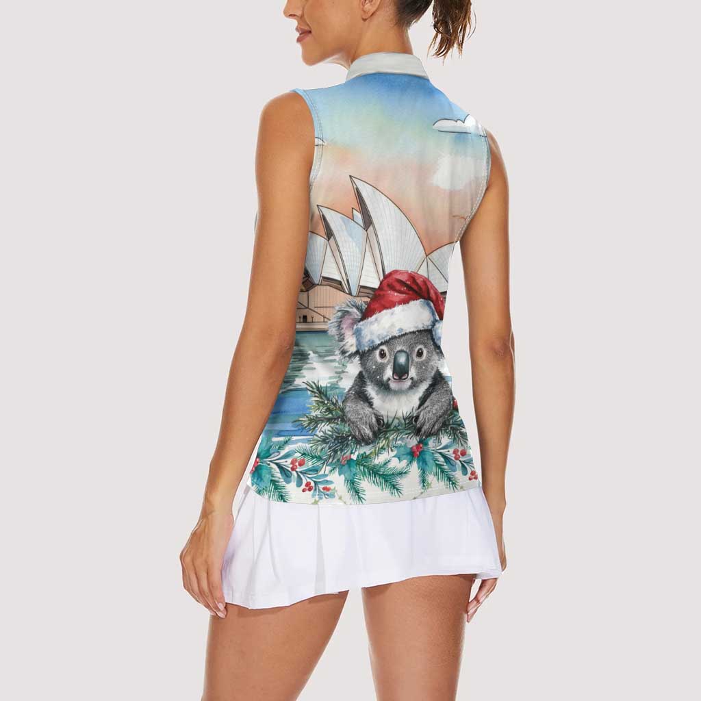 Australia Christmas Women Sleeveless Polo Shirt Koala Santa Sydney Opera House Watercolor - Aussie Hoodie