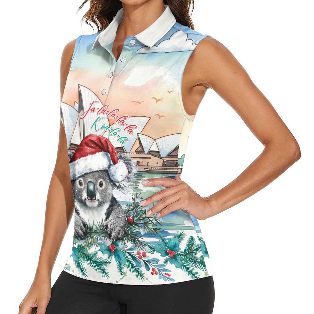 Australia Christmas Women Sleeveless Polo Shirt Koala Santa Sydney Opera House Watercolor - Aussie Hoodie