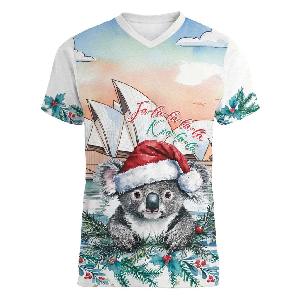 Australia Christmas Women V-Neck T-Shirt Koala Santa Sydney Opera House Watercolor - Aussie Hoodie