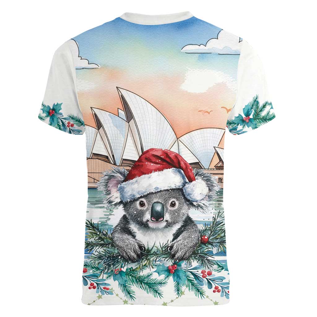 Australia Christmas Women V-Neck T-Shirt Koala Santa Sydney Opera House Watercolor - Aussie Hoodie