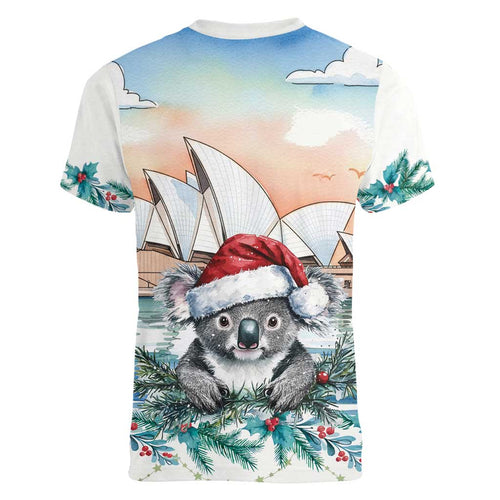 Australia Christmas Women V-Neck T-Shirt Koala Santa Sydney Opera House Watercolor - Aussie Hoodie