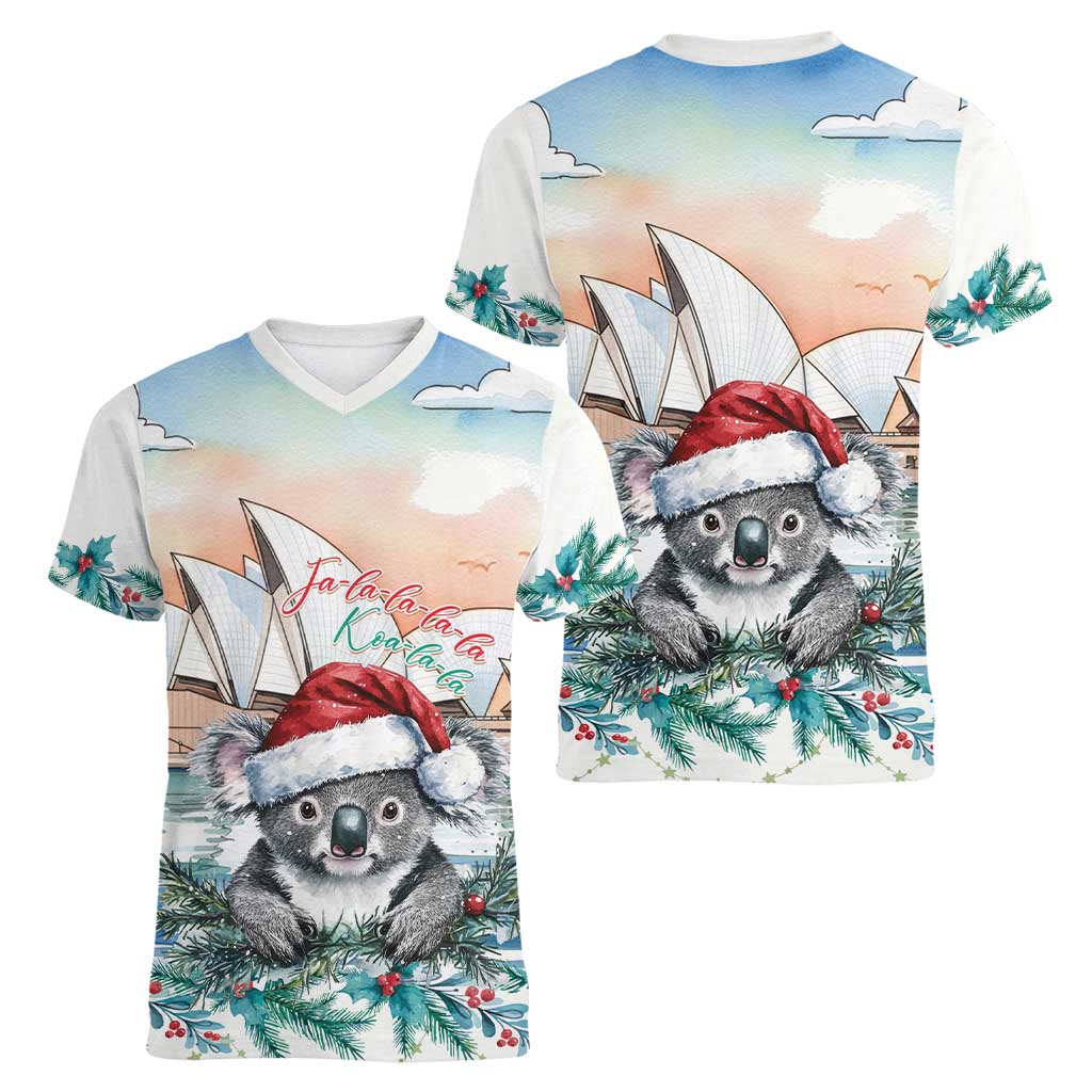 Australia Christmas Women V-Neck T-Shirt Koala Santa Sydney Opera House Watercolor - Aussie Hoodie