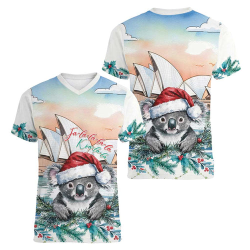 Australia Christmas Women V-Neck T-Shirt Koala Santa Sydney Opera House Watercolor - Aussie Hoodie